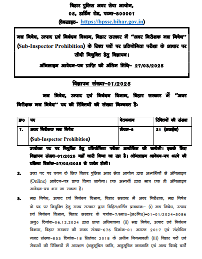 Bihar Police SI Vacancy 2025 Notification