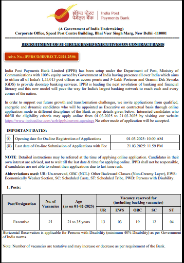 IPPB Executive Vacancy 2025 Notification