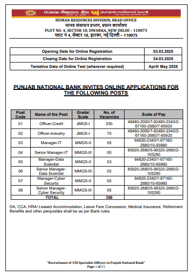 Punjab National Bank SO Vacancy 2025 Notification