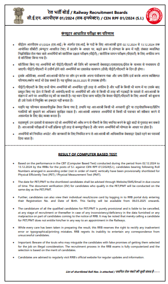RPF SI Result 2025 PDF