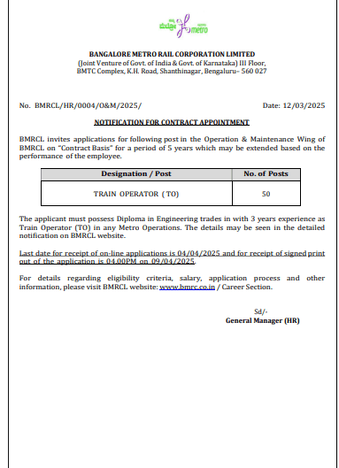 BMRCL Train Operator Vacancy 2025 Notification