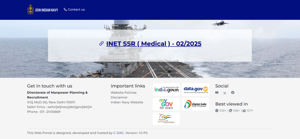 Indian Navy SSR New Vacancy 2025 Notification