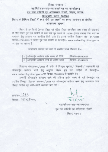 Bihar Police Home Guard Vacancy 2025 Form Date Notification