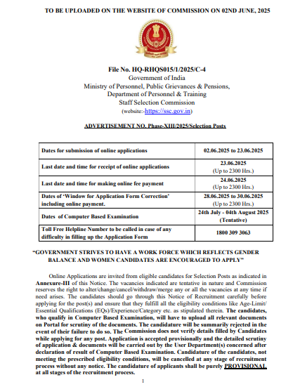 SSC Selection Post Phase 13 Notification 2025