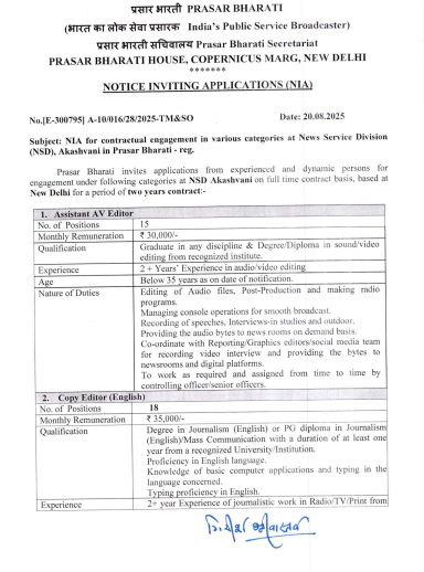 Prasar Bharati NSD Contract Vacancy 2025 Official Notification