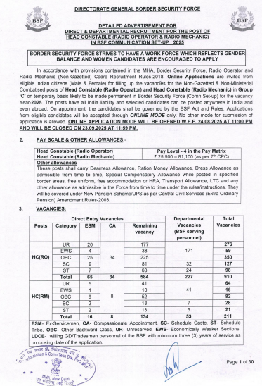 BSF Head Constable RO/RM Bharti 2025 Notification