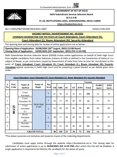 DSSSB Court Attendant Online Application 2025 Notification